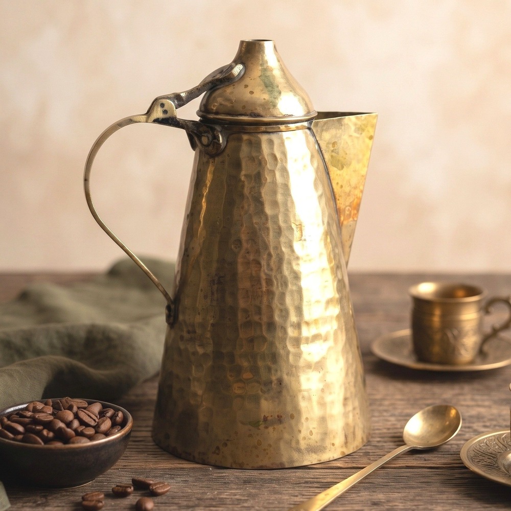 Vintage Hammered Brass Coffee Pot Pitcher with Hinged Lid and Spout Strainer